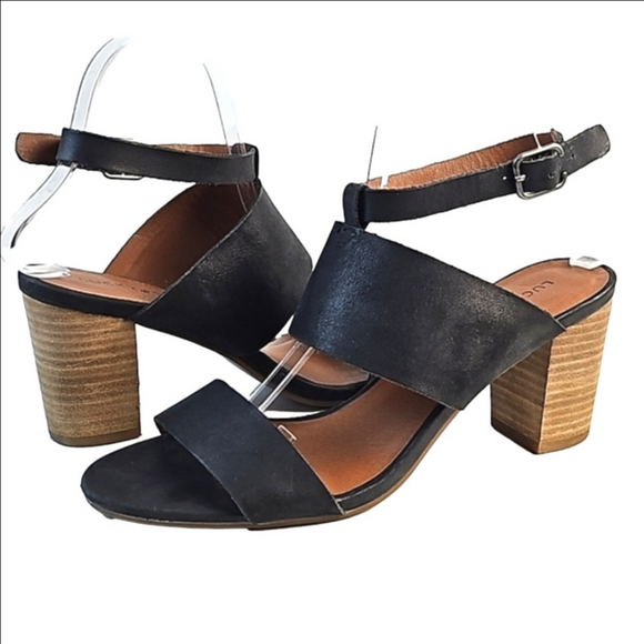 Lucky Brand Shoes - Lucky Brand Jodalee Black Leather Ankle Strap Wooden Stacked Block Heel Sandal